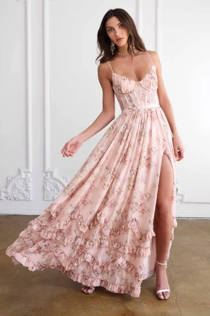 Roberta Pink Floral Frill Split Maxi Dress