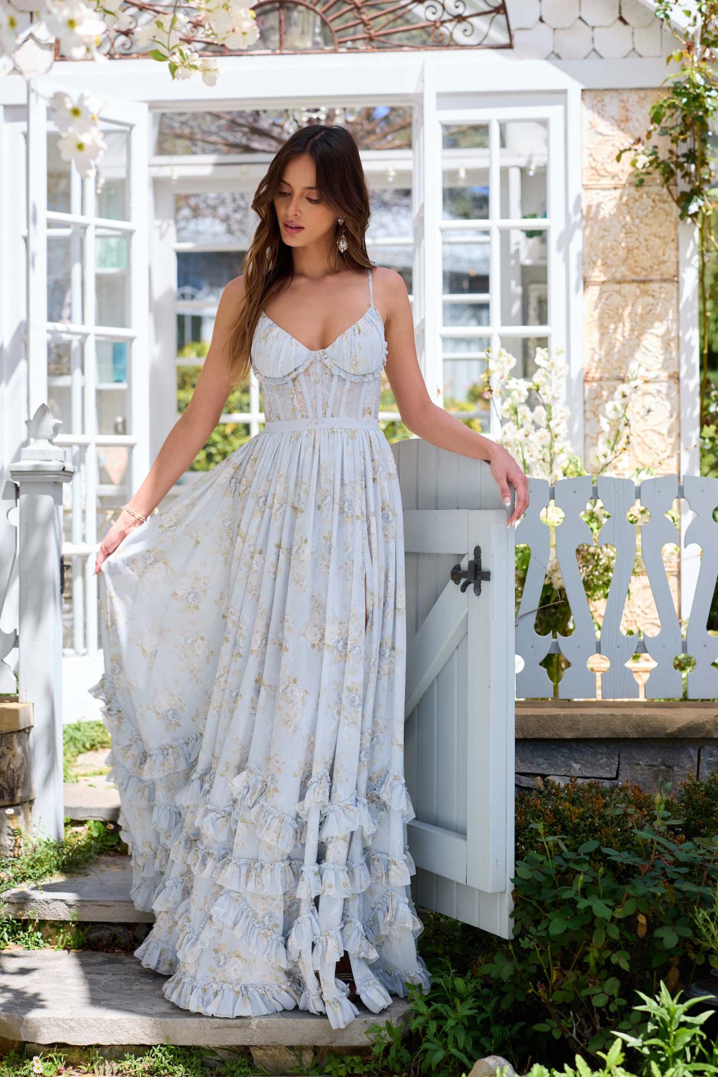 Roberta Blue Floral Frill Split Maxi Dress