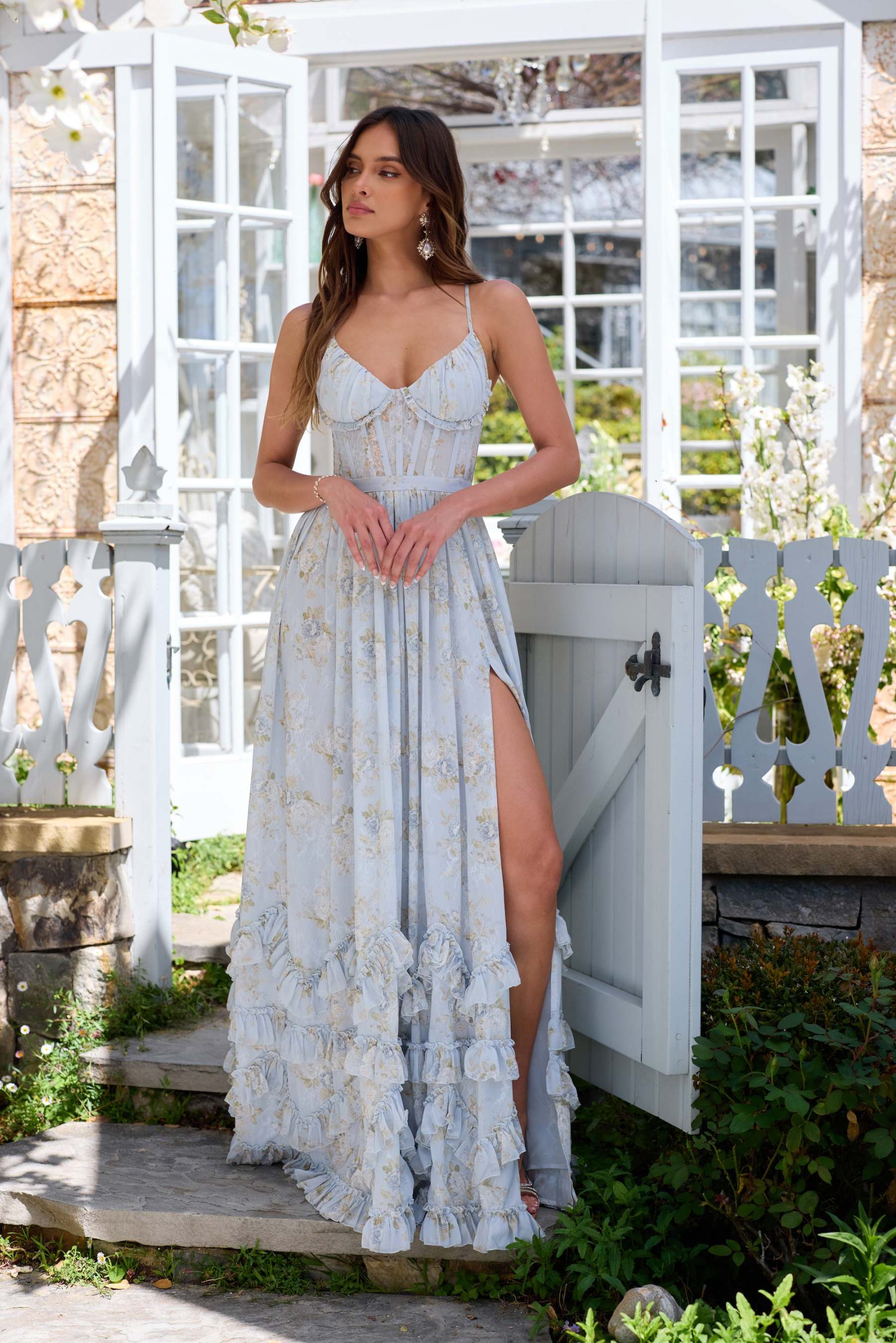 Roberta Blue Floral Frill Split Maxi Dress