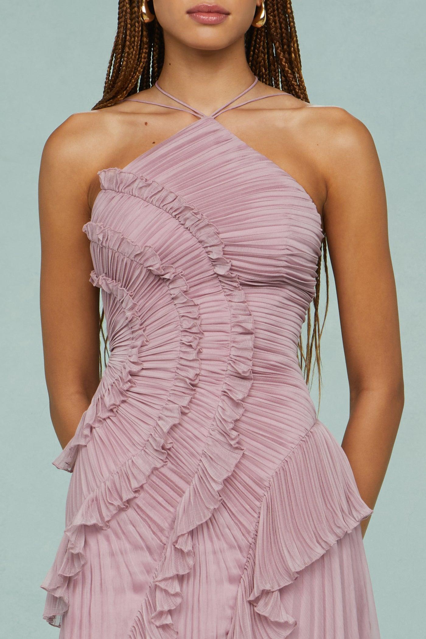 Bernadette Pink Pleated Frill Halter Neck Midi Dress