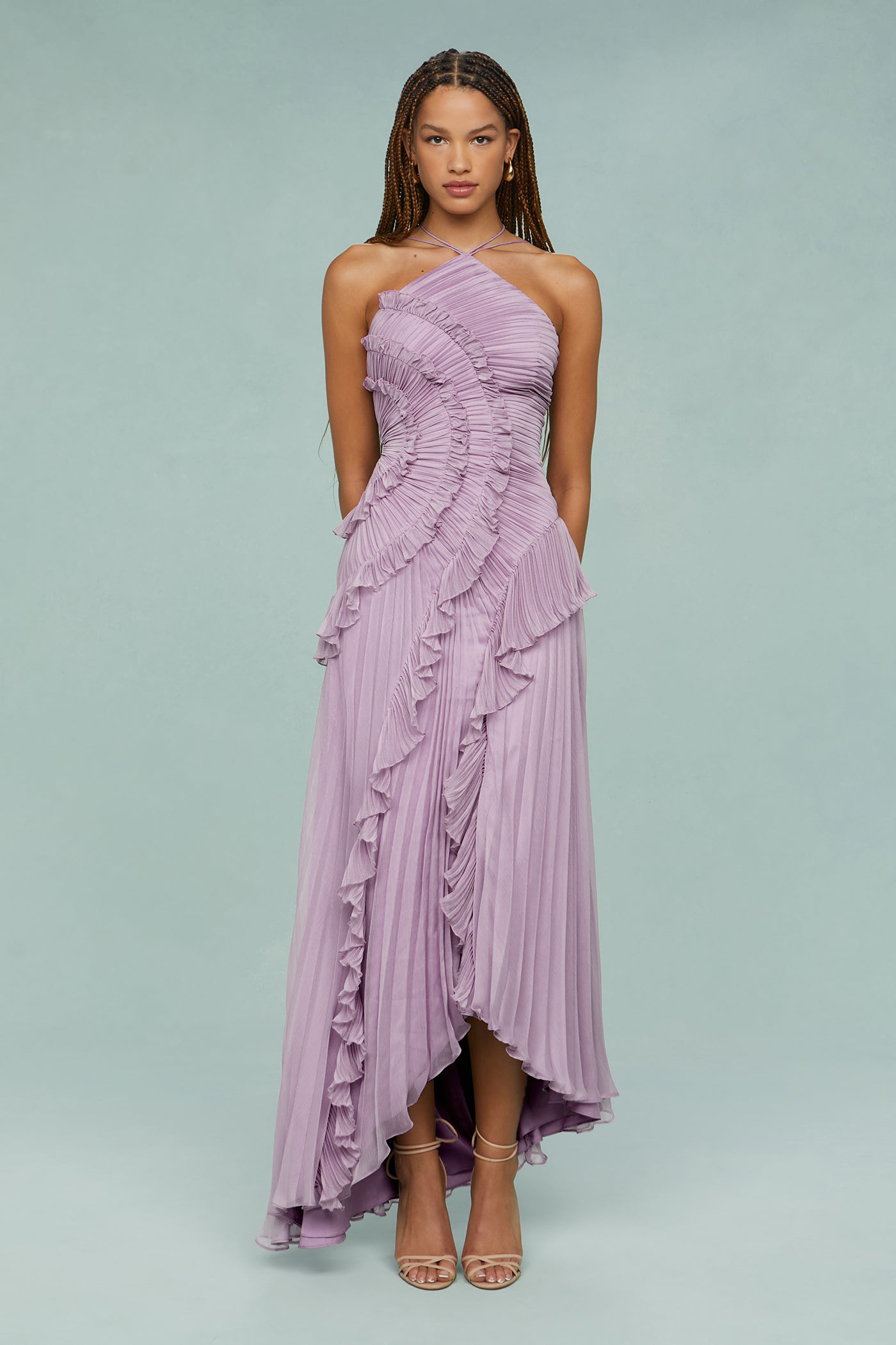 Bernadette Purple Pleated Frill Halter Neck Midi Dress