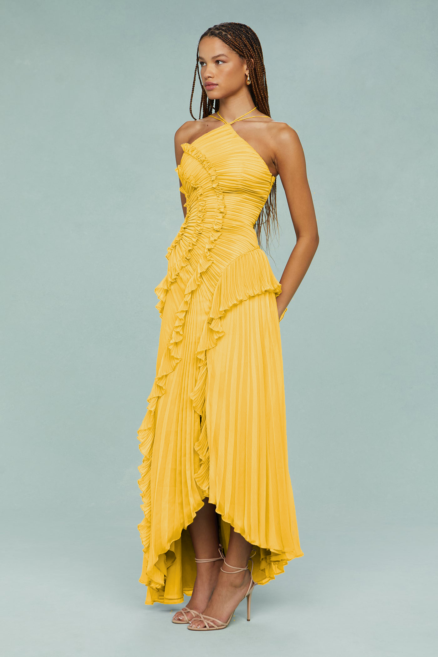 Bernadette Yellow Pleated Frill Halter Neck Midi Dress