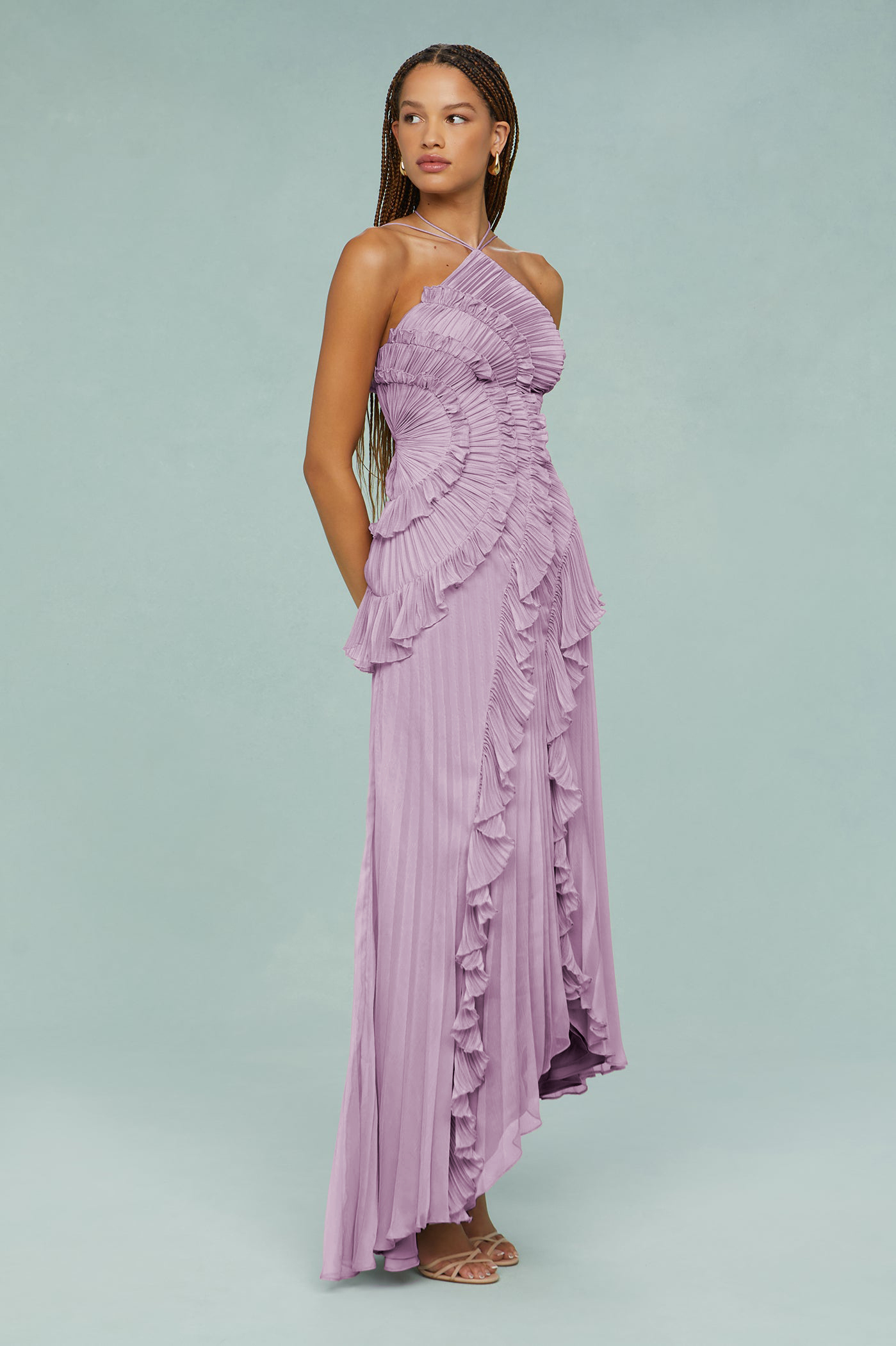 Bernadette Purple Pleated Frill Halter Neck Midi Dress