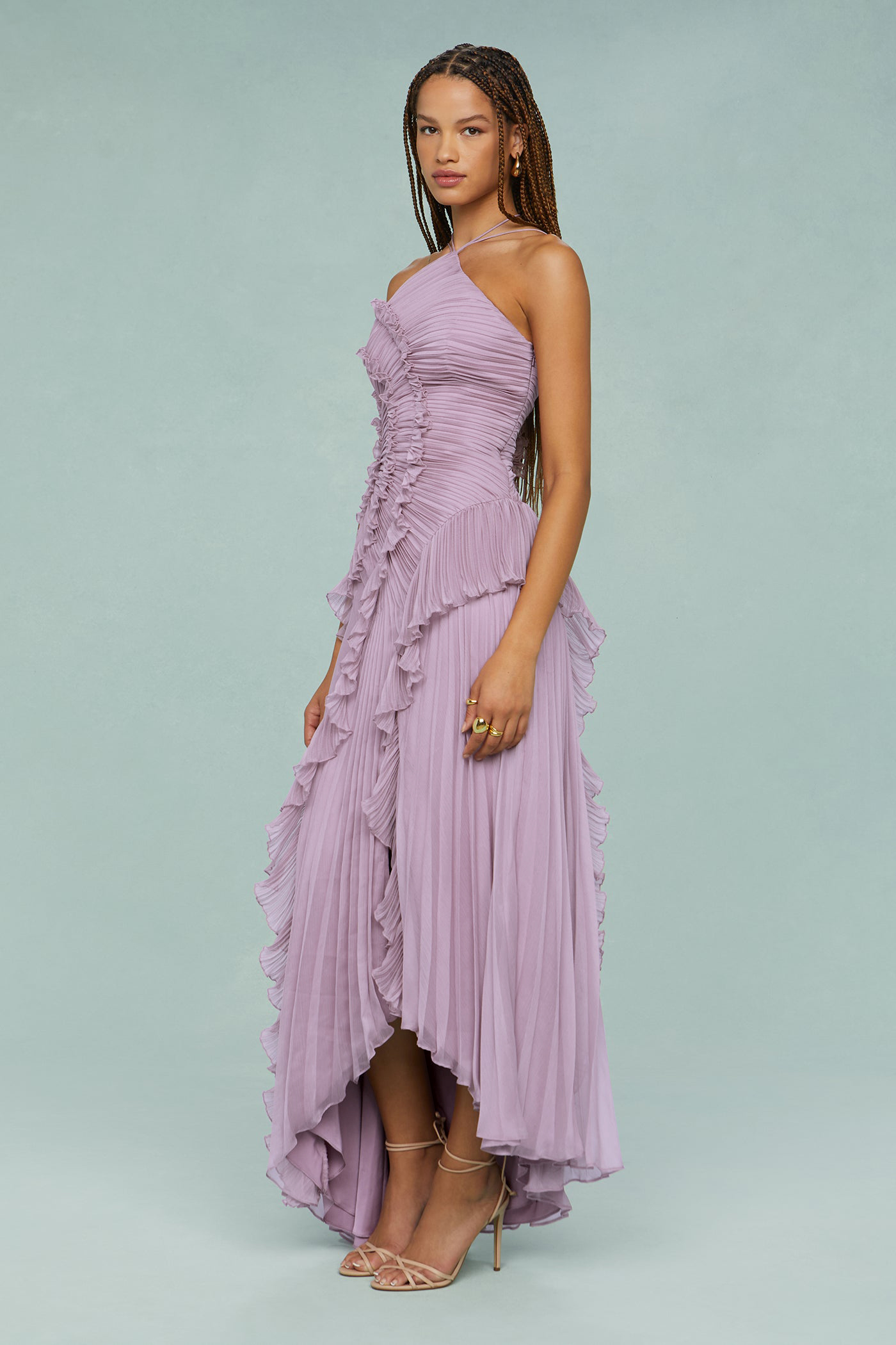 Bernadette Purple Pleated Frill Halter Neck Midi Dress
