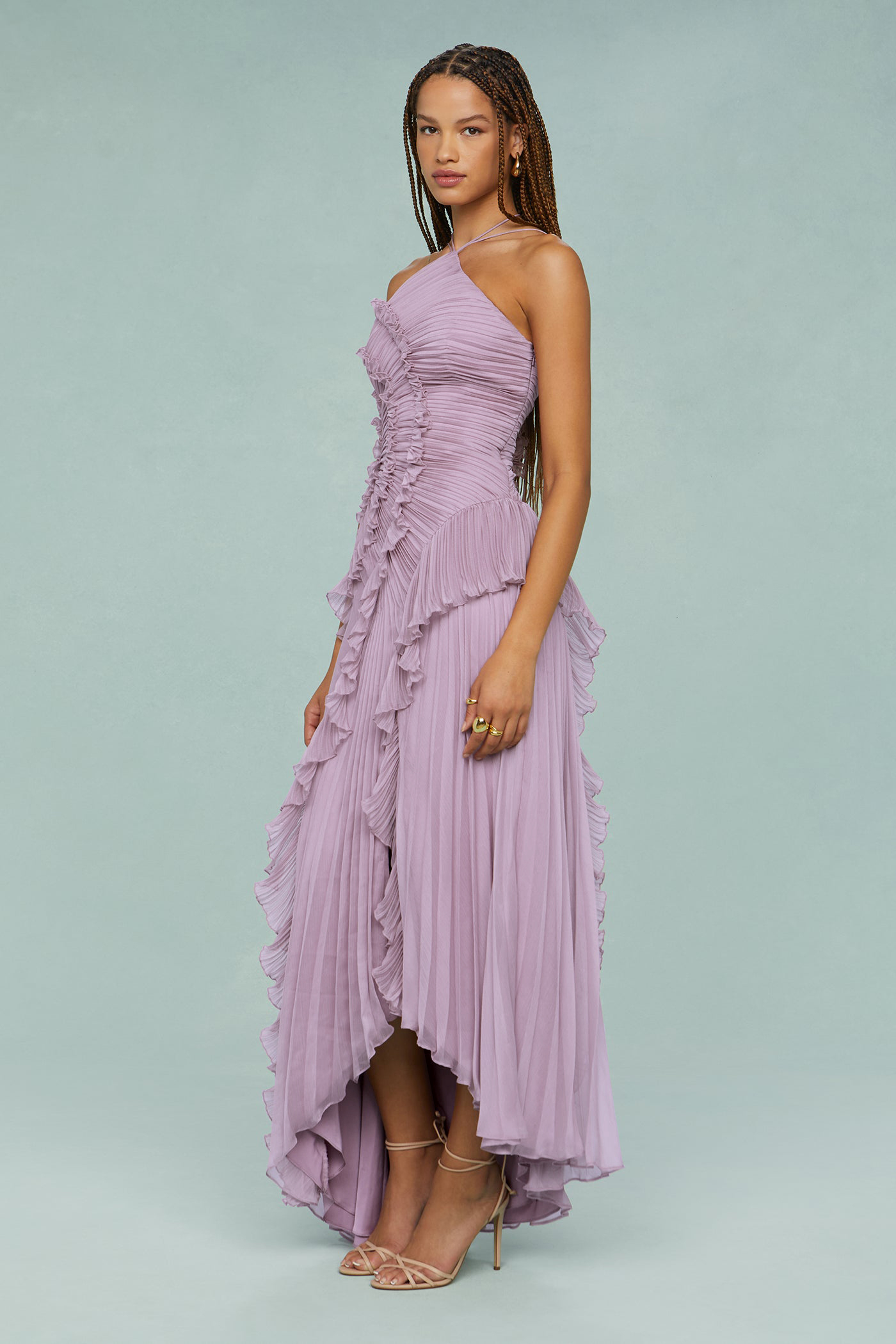 Bernadette Purple Pleated Frill Halter Neck Midi Dress