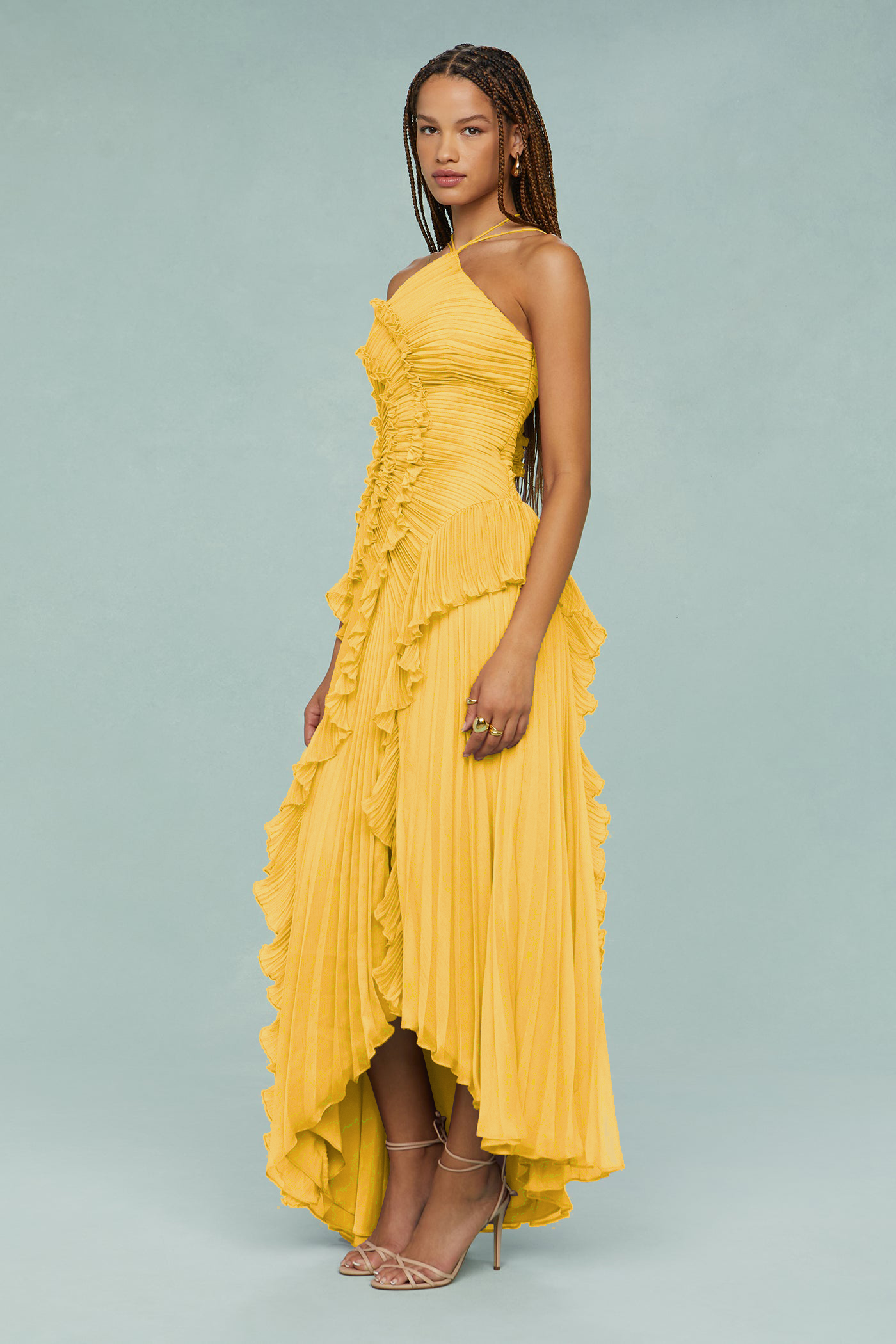 Bernadette Yellow Pleated Frill Halter Neck Midi Dress