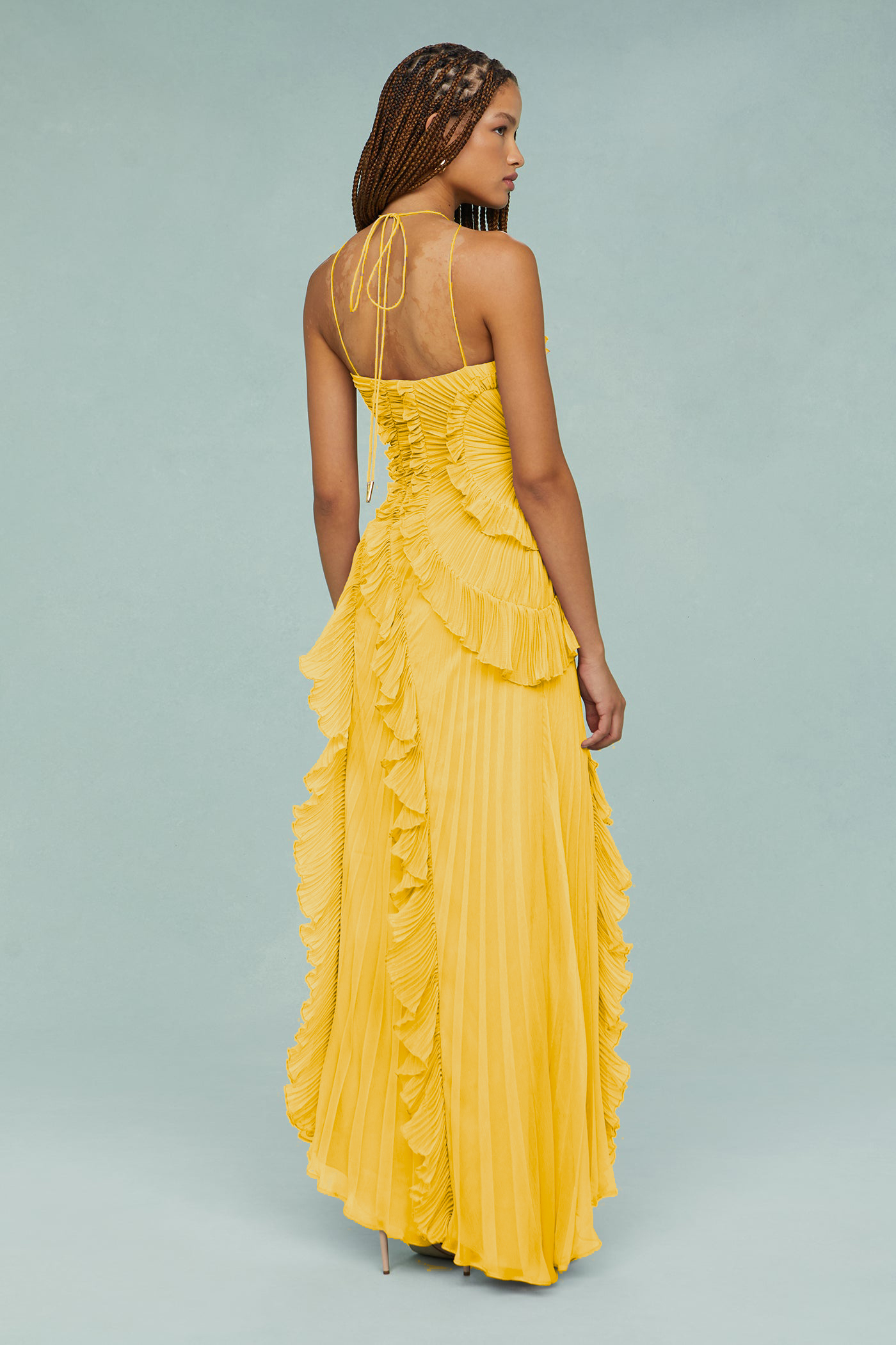 Bernadette Yellow Pleated Frill Halter Neck Midi Dress