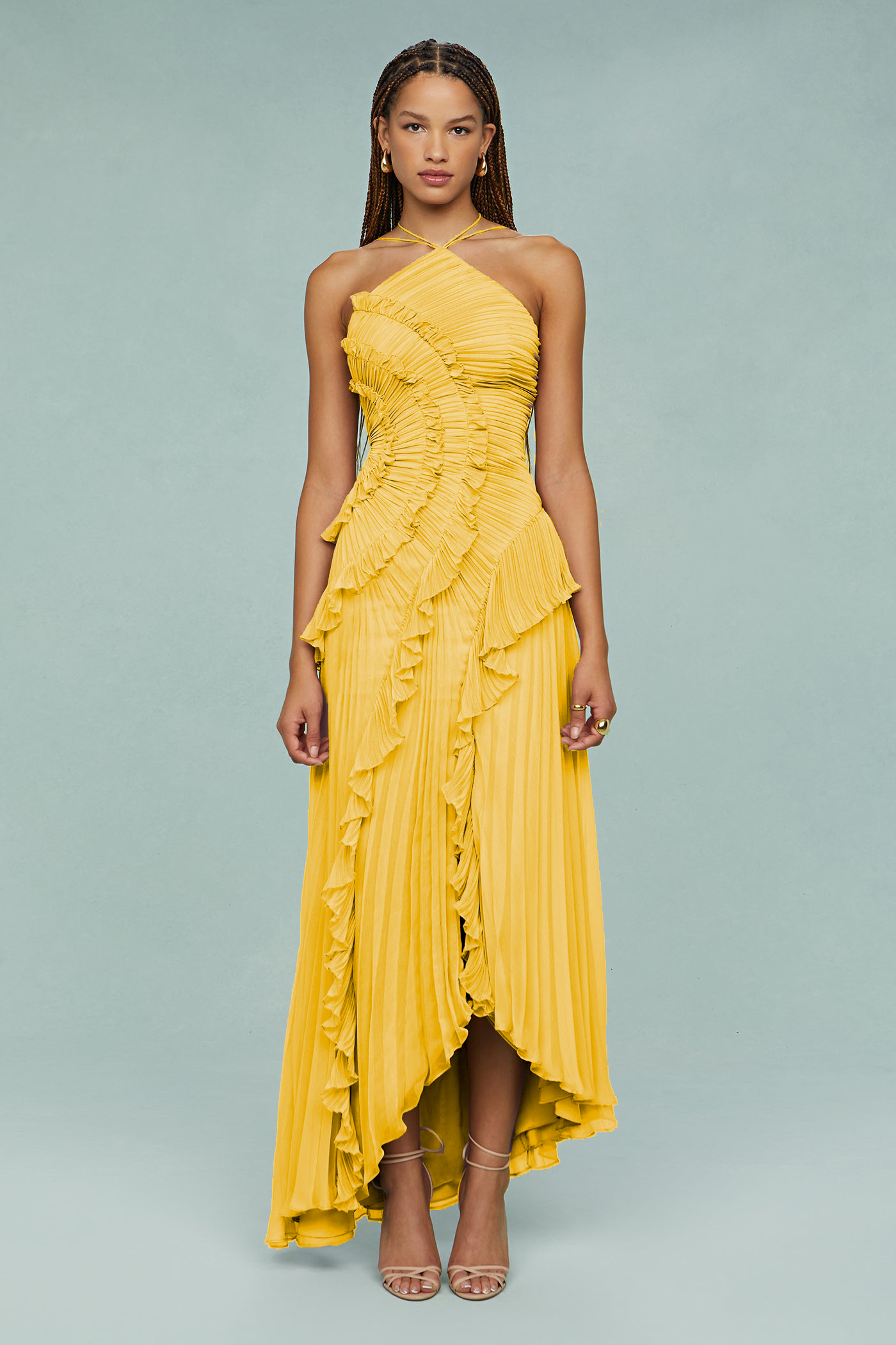 Bernadette Yellow Pleated Frill Halter Neck Midi Dress