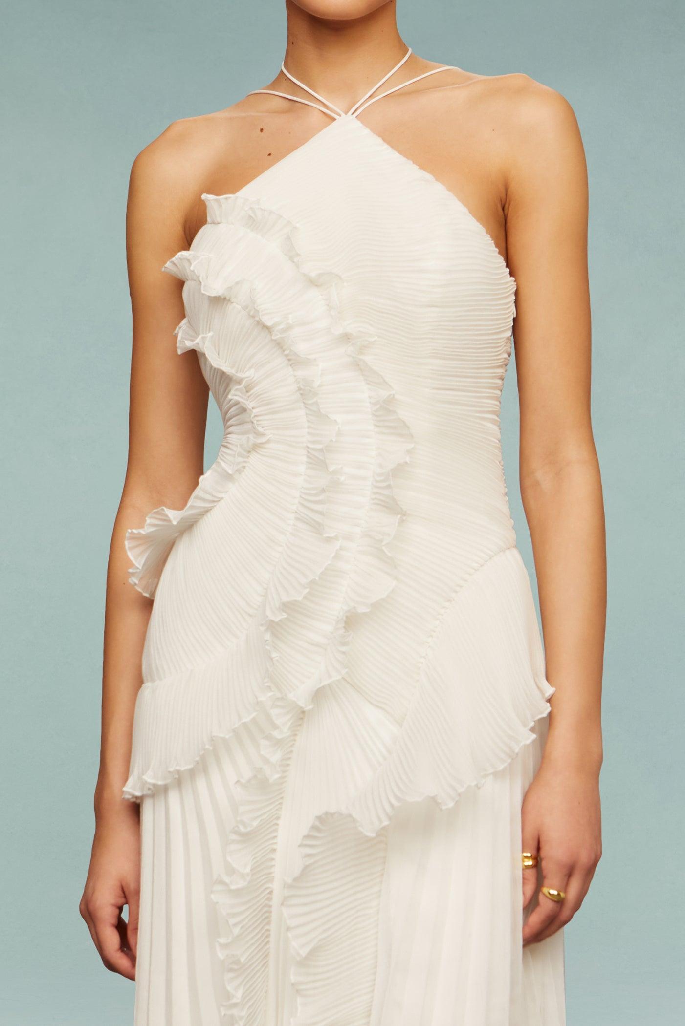 Bernadette White Pleated Frill Halter Neck Midi Dress