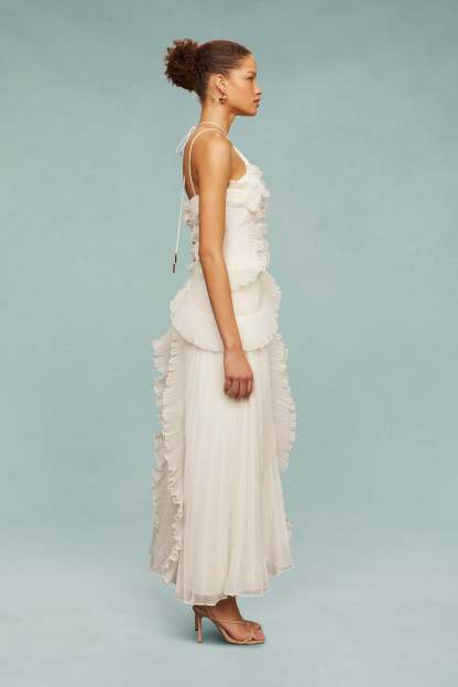 Bernadette White Pleated Frill Halter Neck Midi Dress