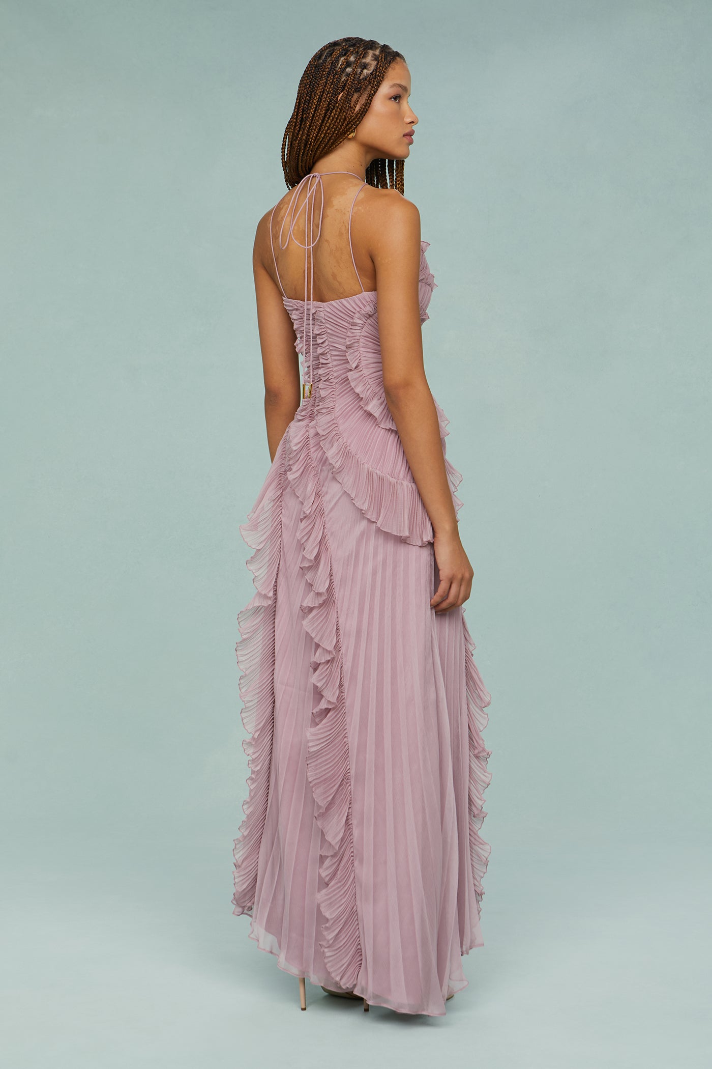Bernadette Pink Pleated Frill Halter Neck Midi Dress