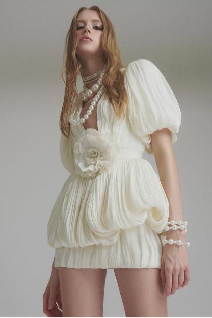 Linda 3D Flower Pleated Puff Sleeve Mini Dress