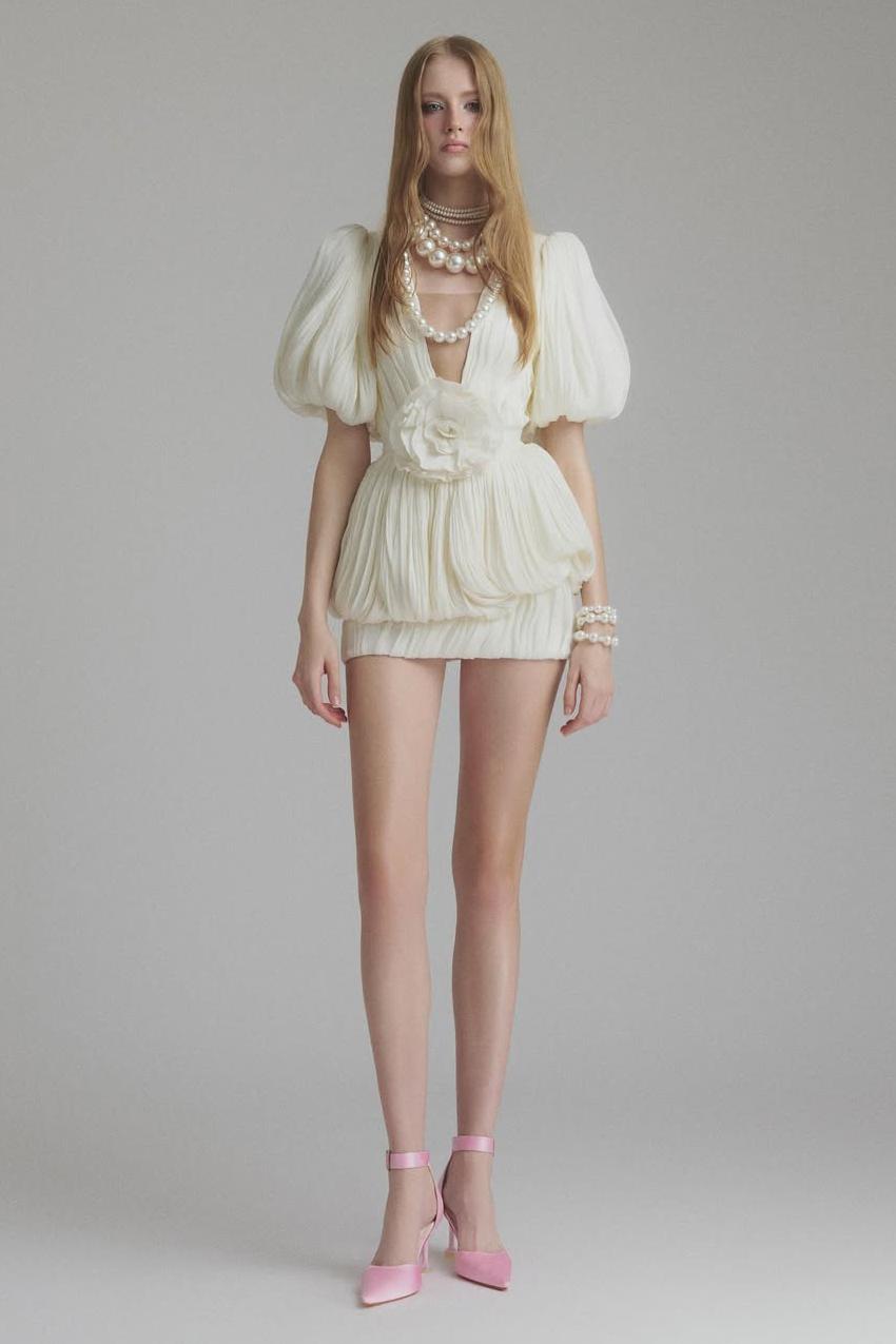 Linda 3D Flower Pleated Puff Sleeve Mini Dress