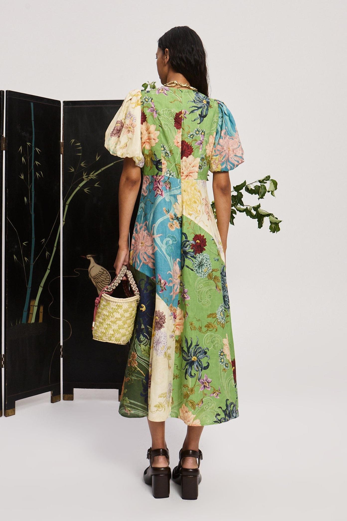 Eira Floral Splicing Puff Sleeve Midi Dress