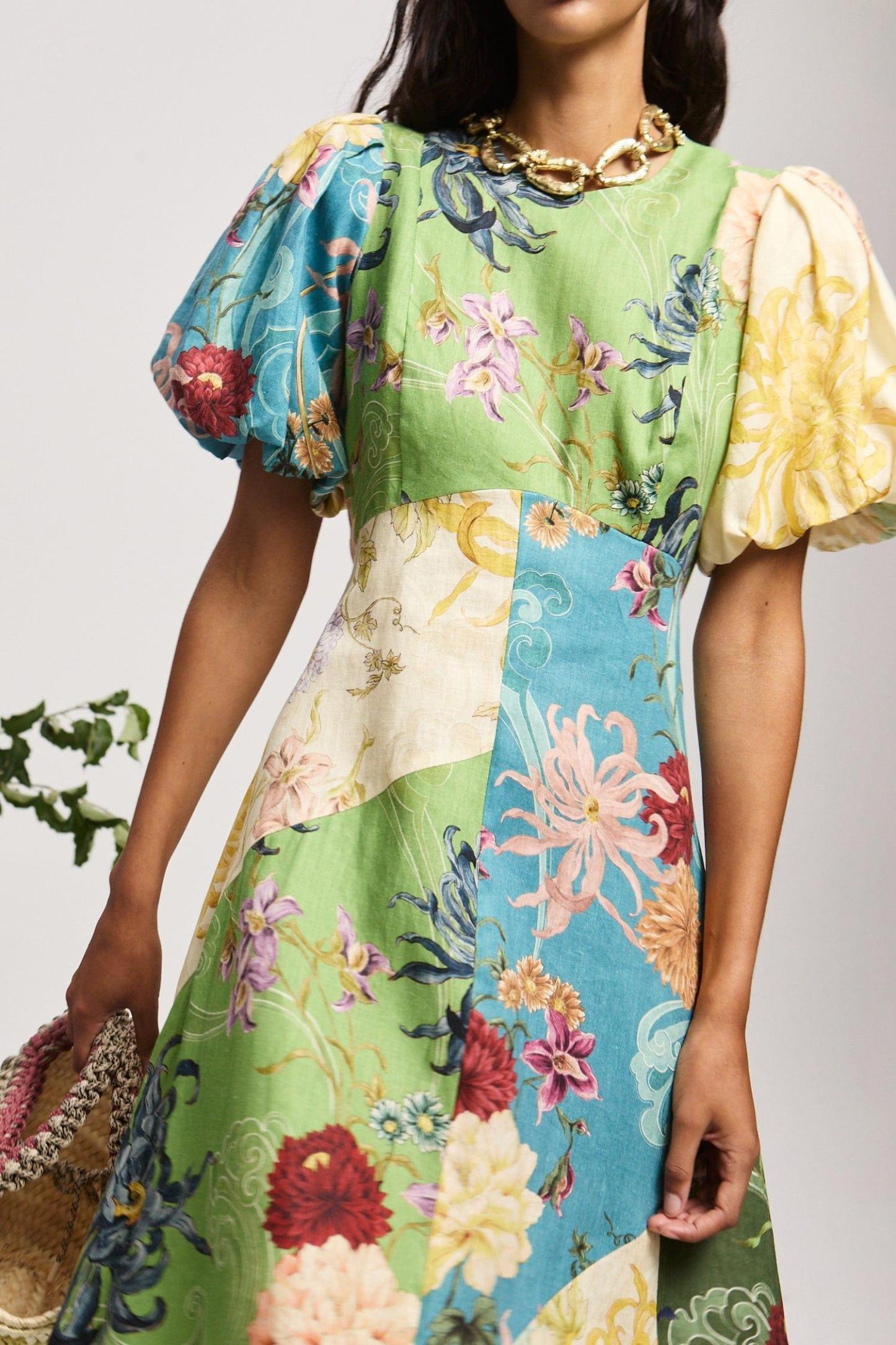 Eira Floral Splicing Puff Sleeve Midi Dress