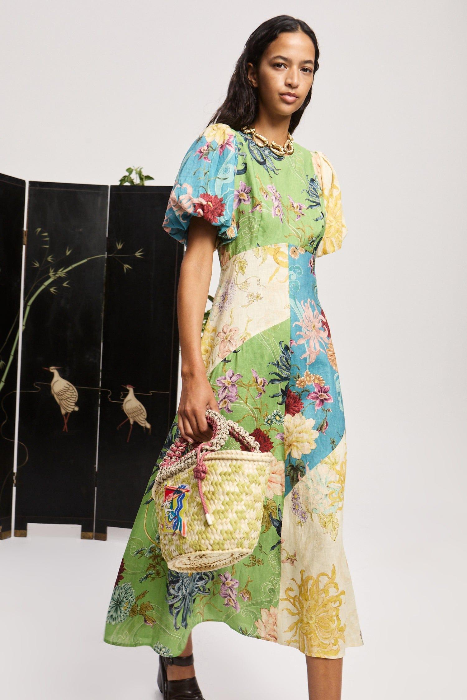 Eira Floral Splicing Puff Sleeve Midi Dress