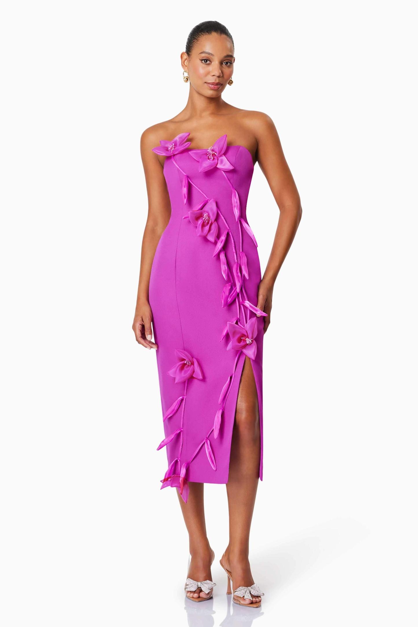 Geraldine 3D Flower Strapless Split Midi Dress