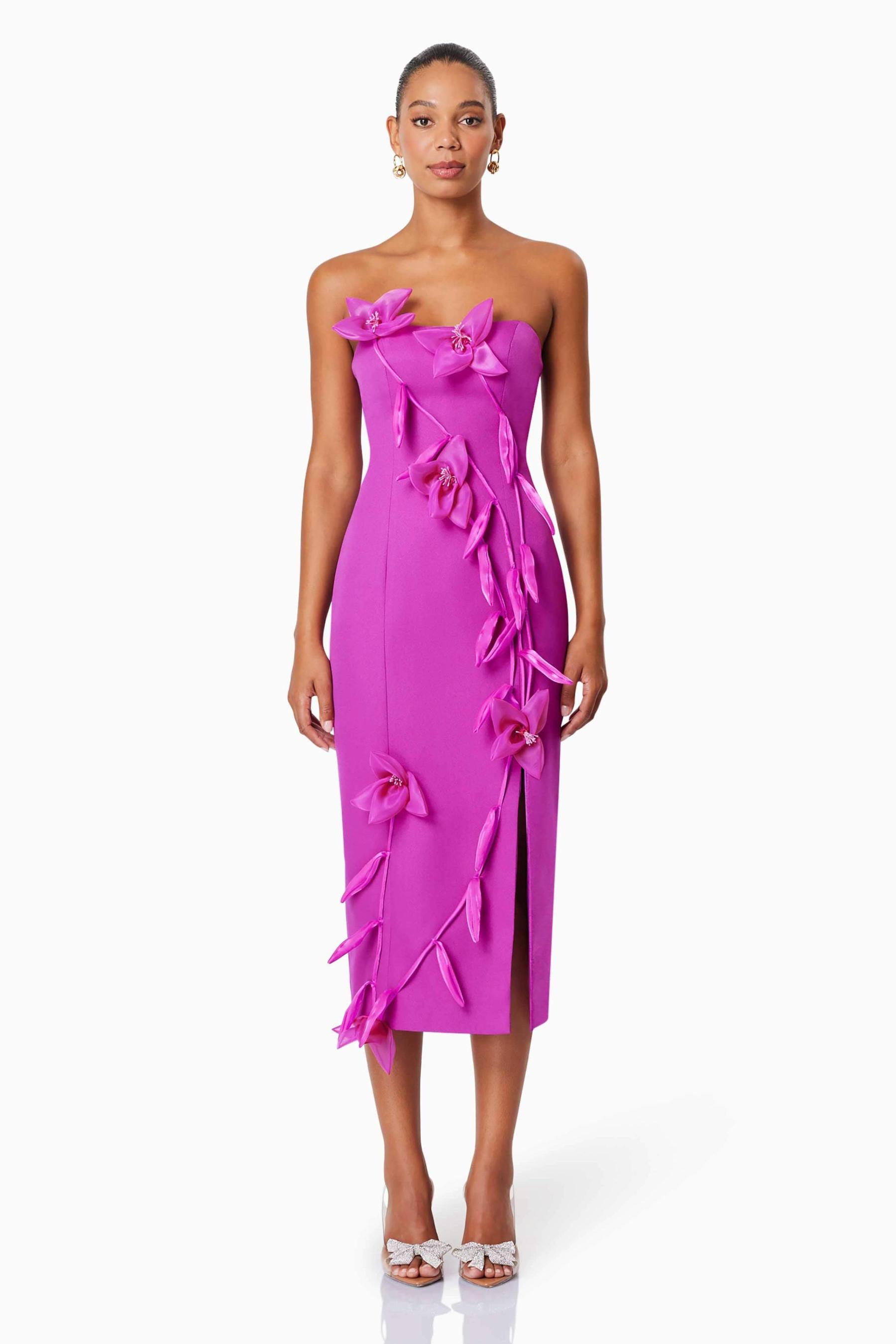 Geraldine 3D Flower Strapless Split Midi Dress