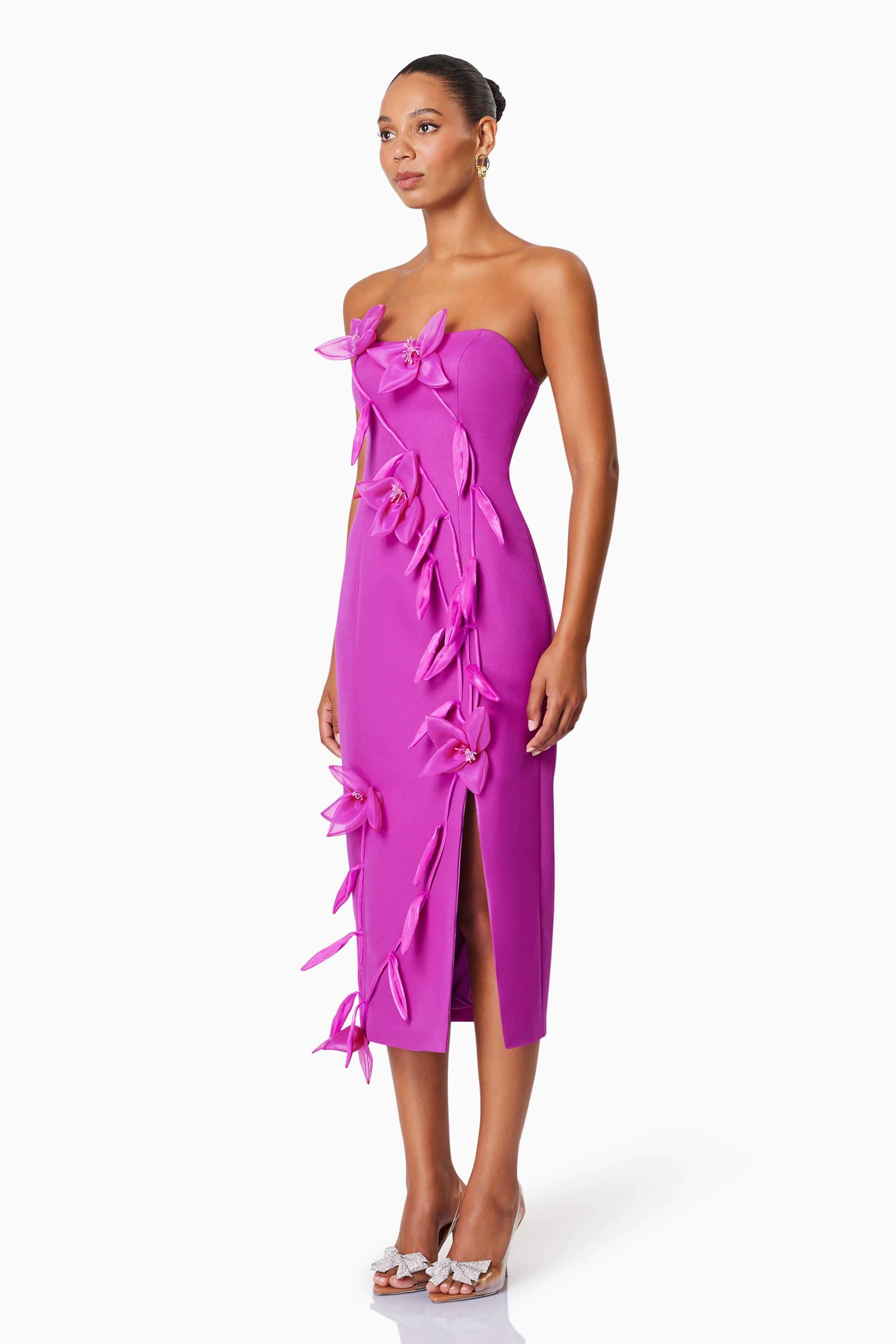 Geraldine 3D Flower Strapless Split Midi Dress