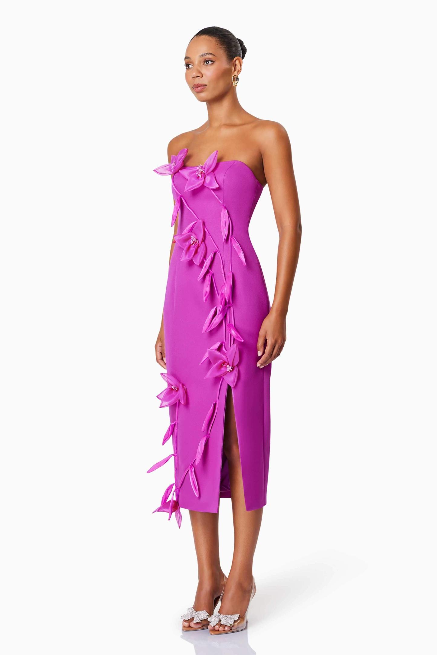 Geraldine 3D Flower Strapless Split Midi Dress