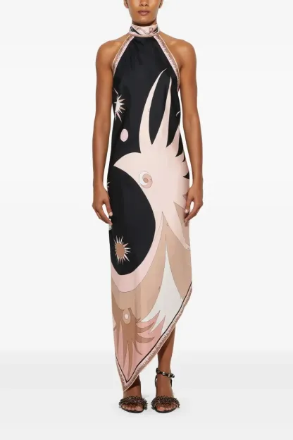 Mariah Scarf Print Satin Halter Neck Midi Dress