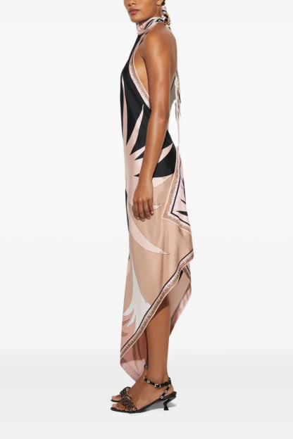 Mariah Scarf Print Satin Halter Neck Midi Dress
