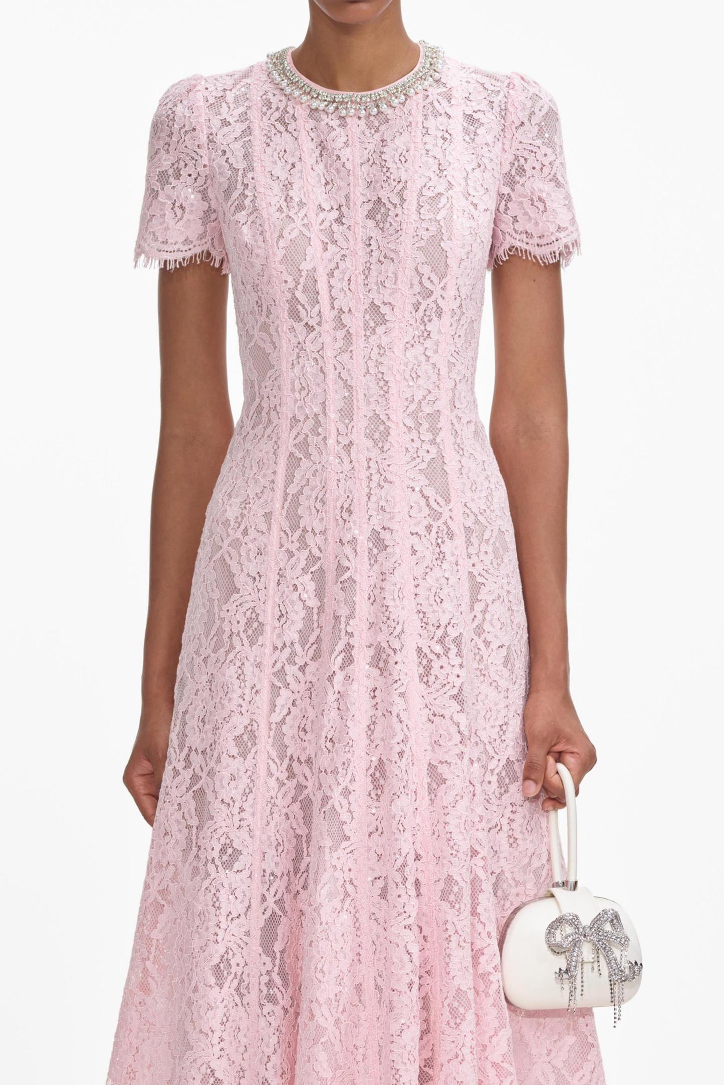 Elisabeth Rhinestone Faux Pearl Lace Midi Dress