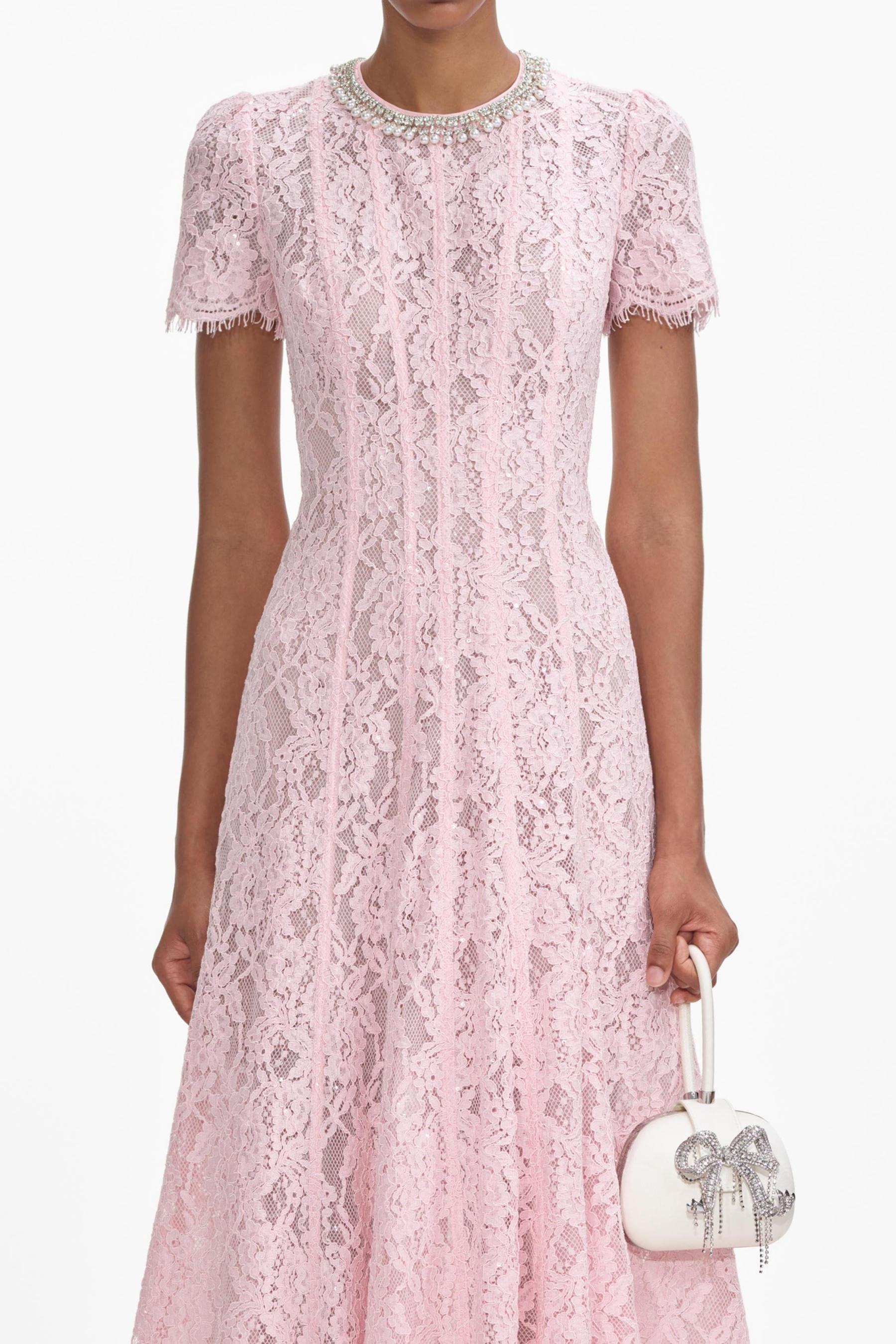 Elisabeth Rhinestone Faux Pearl Lace Midi Dress