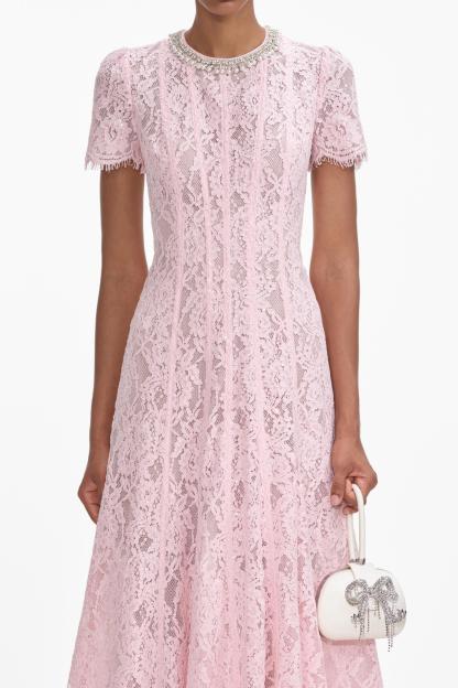 Elisabeth Rhinestone Faux Pearl Lace Midi Dress