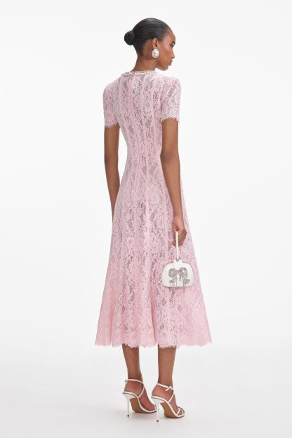 Elisabeth Rhinestone Faux Pearl Lace Midi Dress