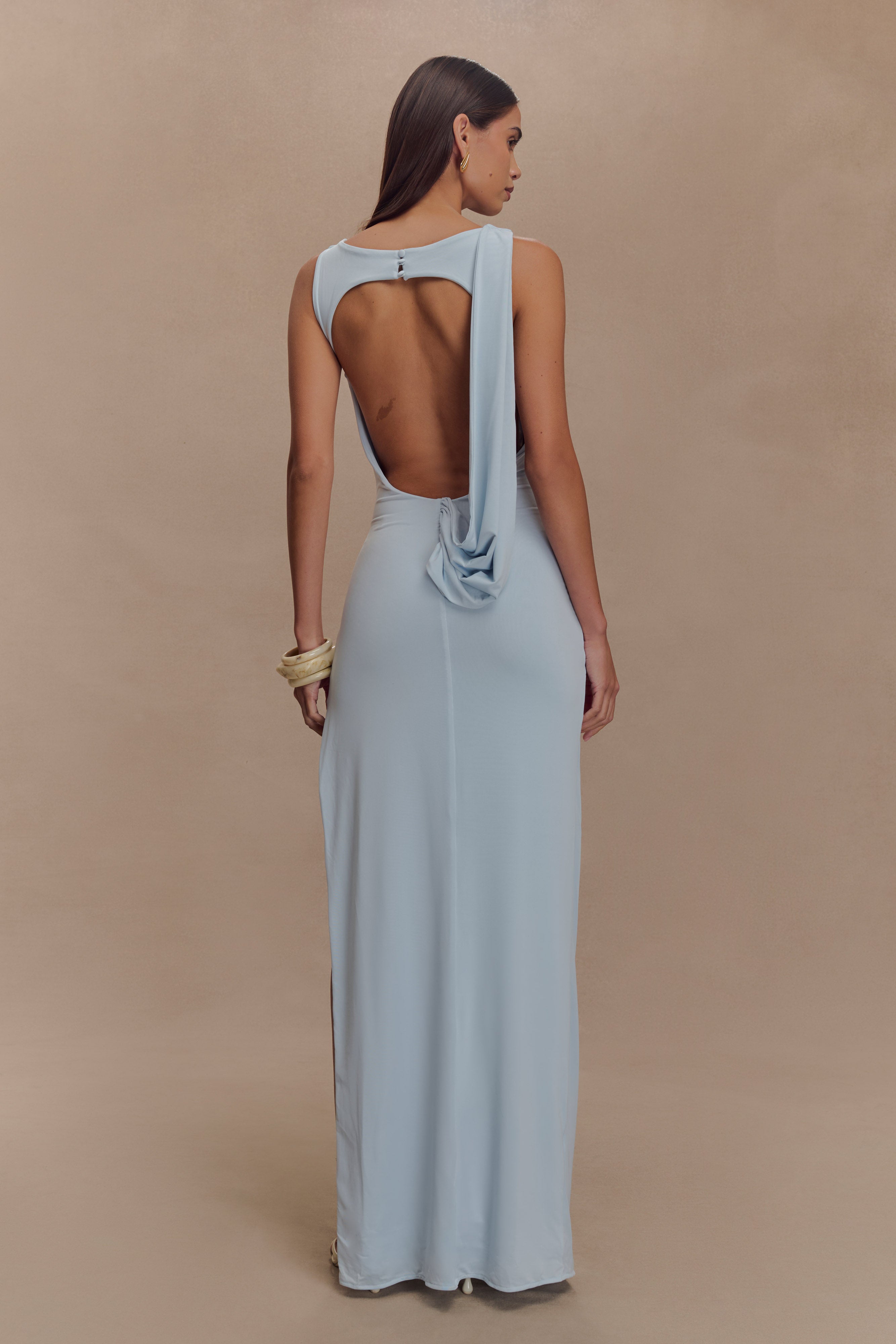 Felicitas Blue Solid Gathering Split Maxi Dress