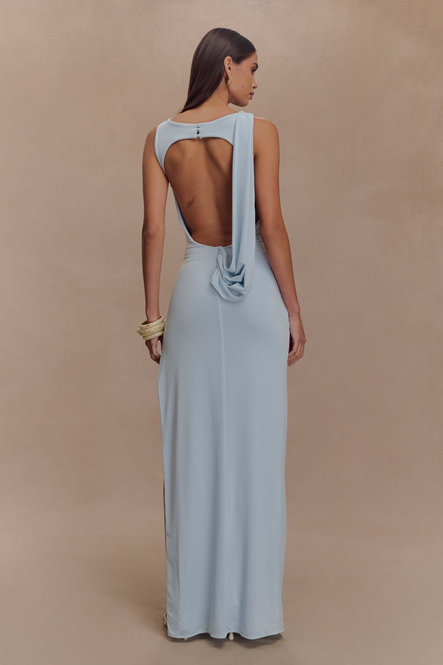 Felicitas Blue Solid Gathering Split Maxi Dress