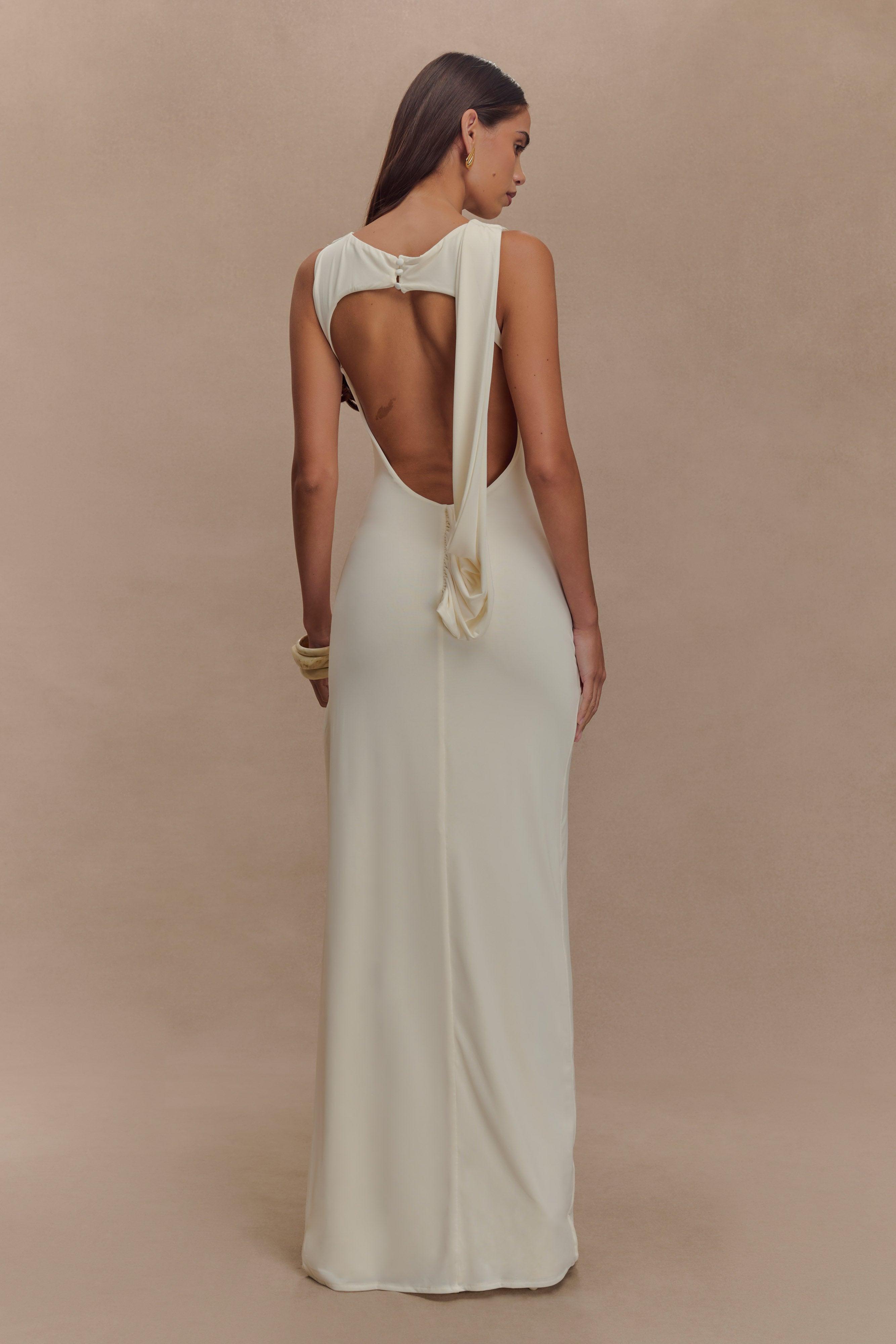 Felicitas White Solid Gathering Split Maxi Dress