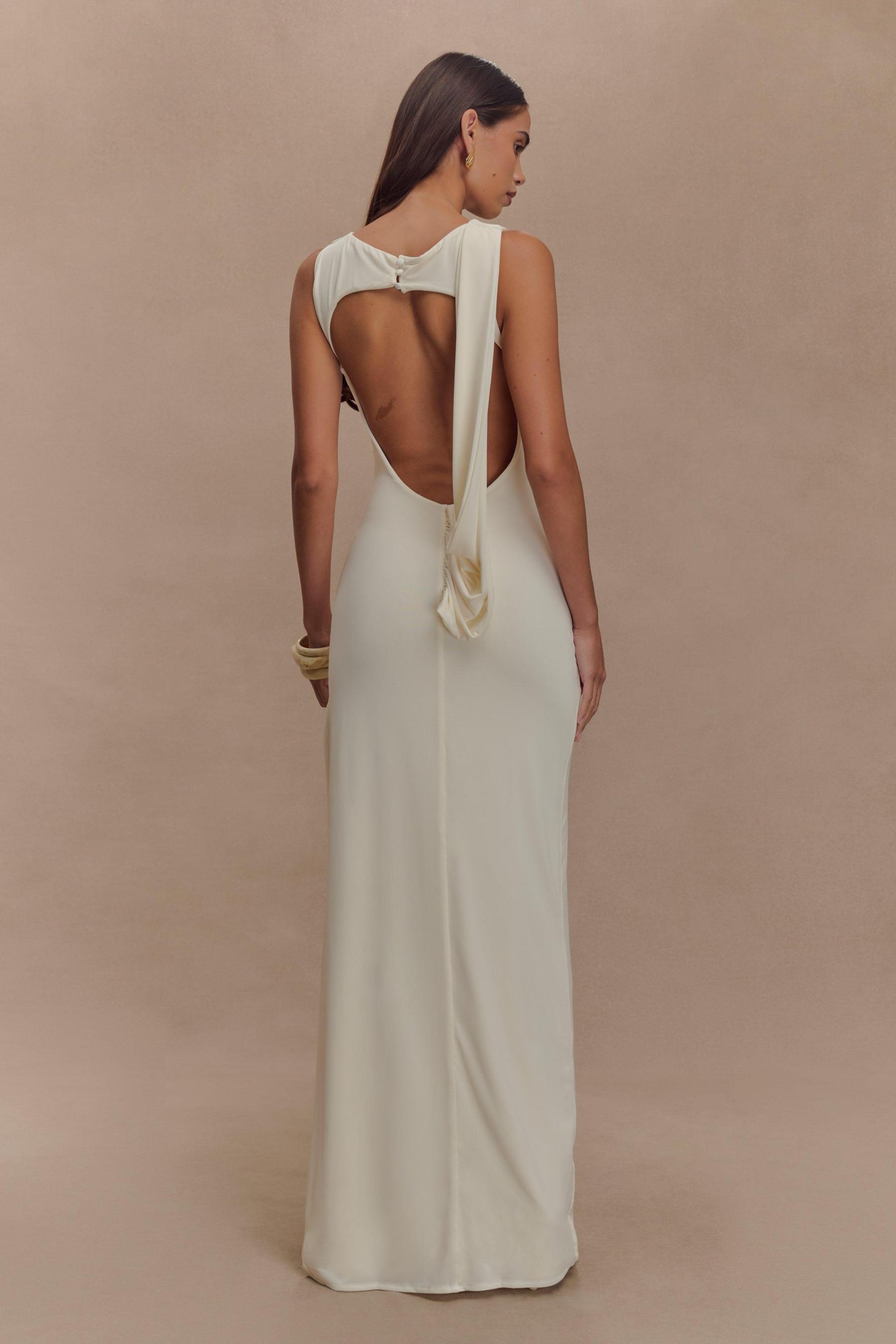 Felicitas White Solid Gathering Split Maxi Dress