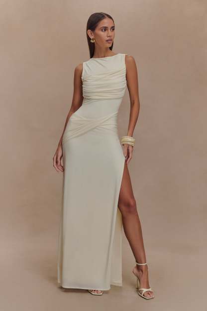 Felicitas White Solid Gathering Split Maxi Dress