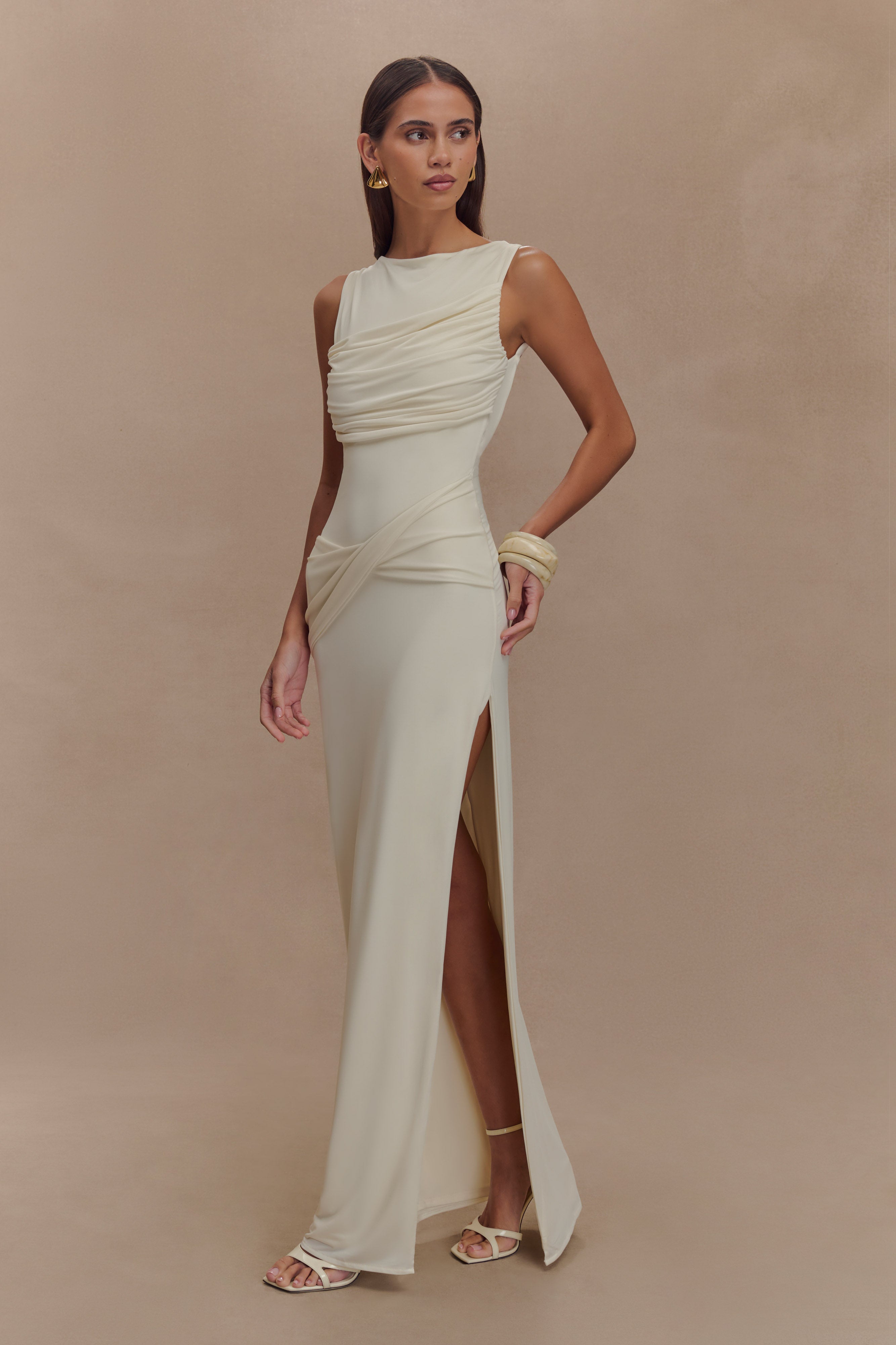 Felicitas White Solid Gathering Split Maxi Dress