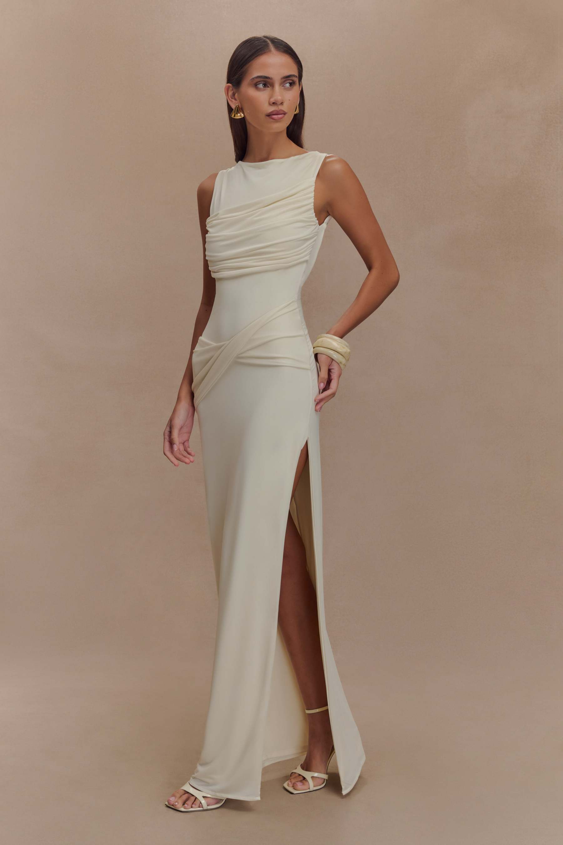 Felicitas White Solid Gathering Split Maxi Dress