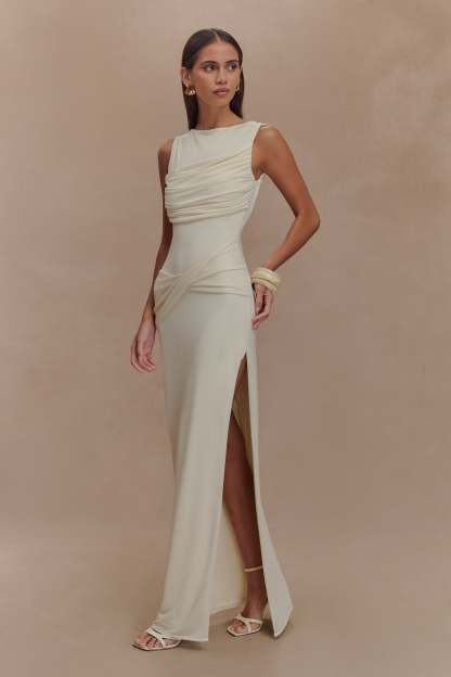 Felicitas White Solid Gathering Split Maxi Dress