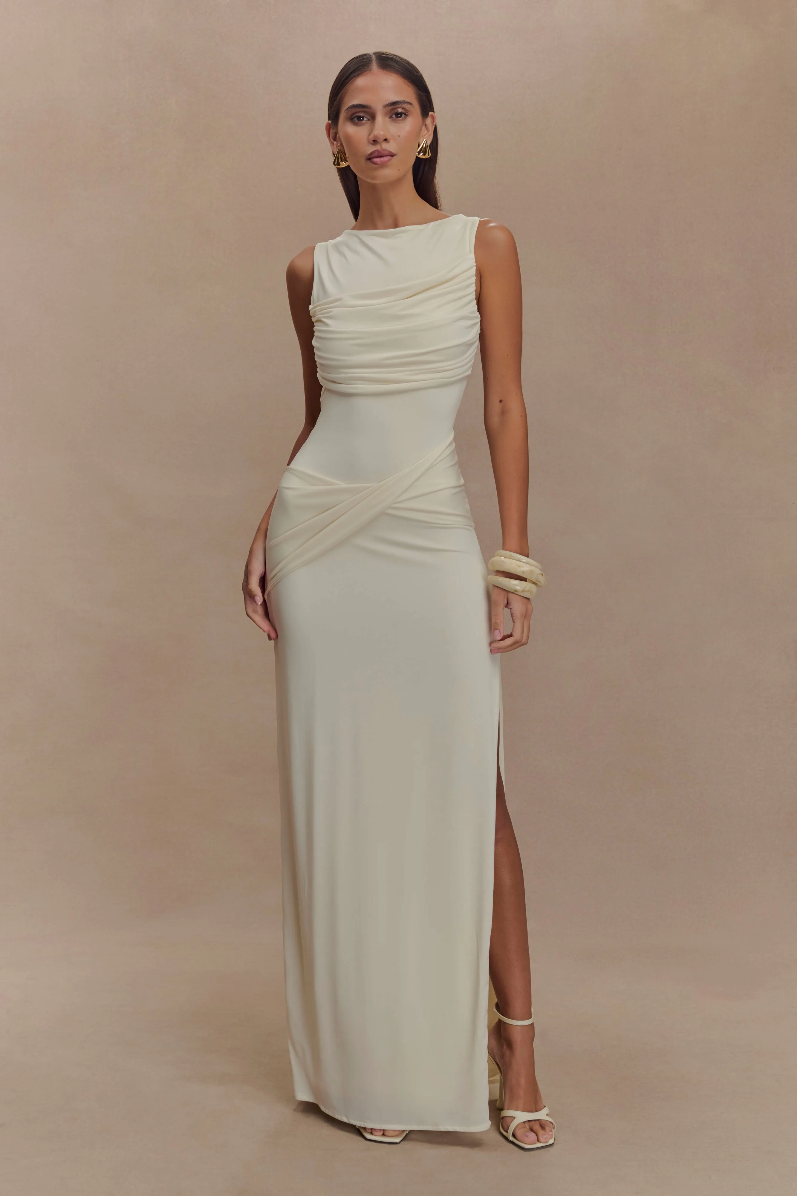 Felicitas White Solid Gathering Split Maxi Dress