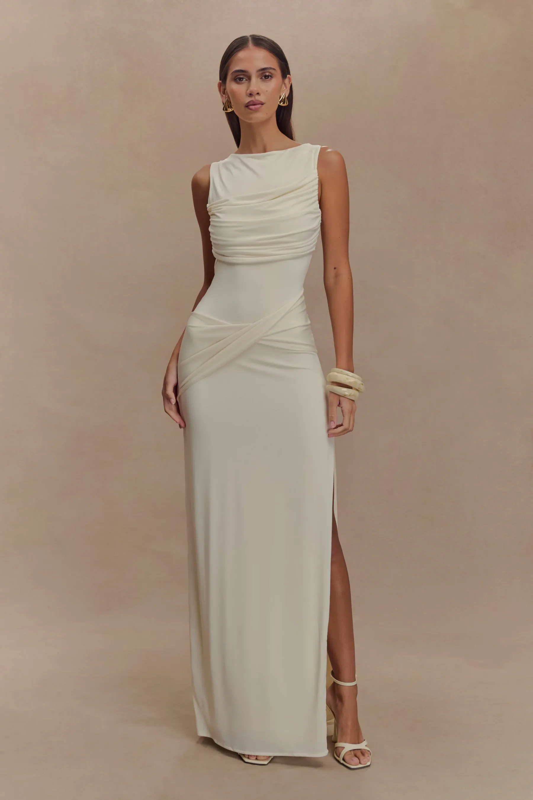 Felicitas White Solid Gathering Split Maxi Dress