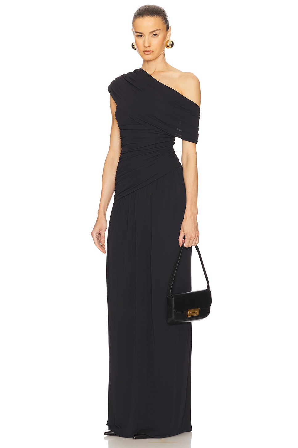 Deborah Gathering Solid One-Shoulder Maxi Dress