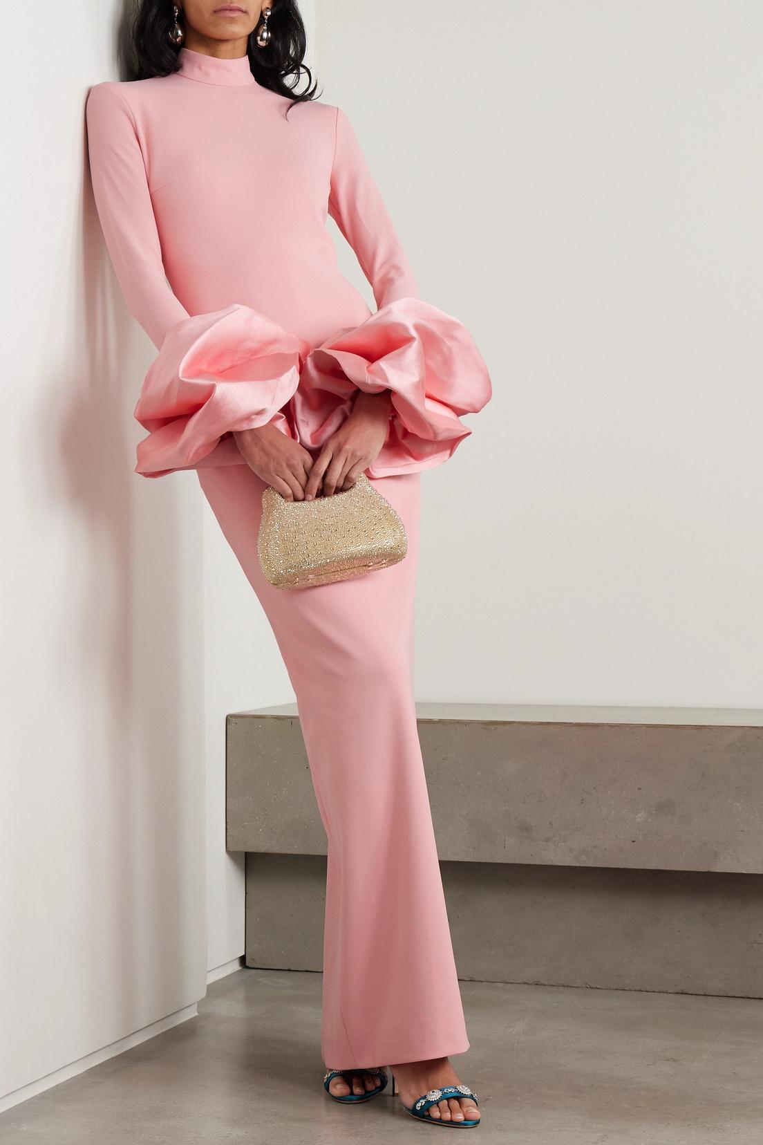 Loretta High Neck Faille-Trimmed Slit Midi Dress