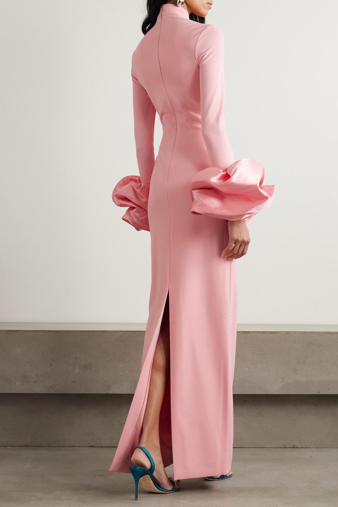 Loretta High Neck Faille-Trimmed Slit Midi Dress