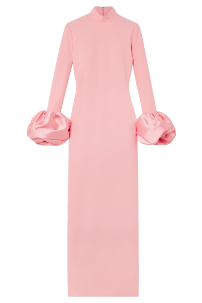 Loretta High Neck Faille-Trimmed Slit Midi Dress