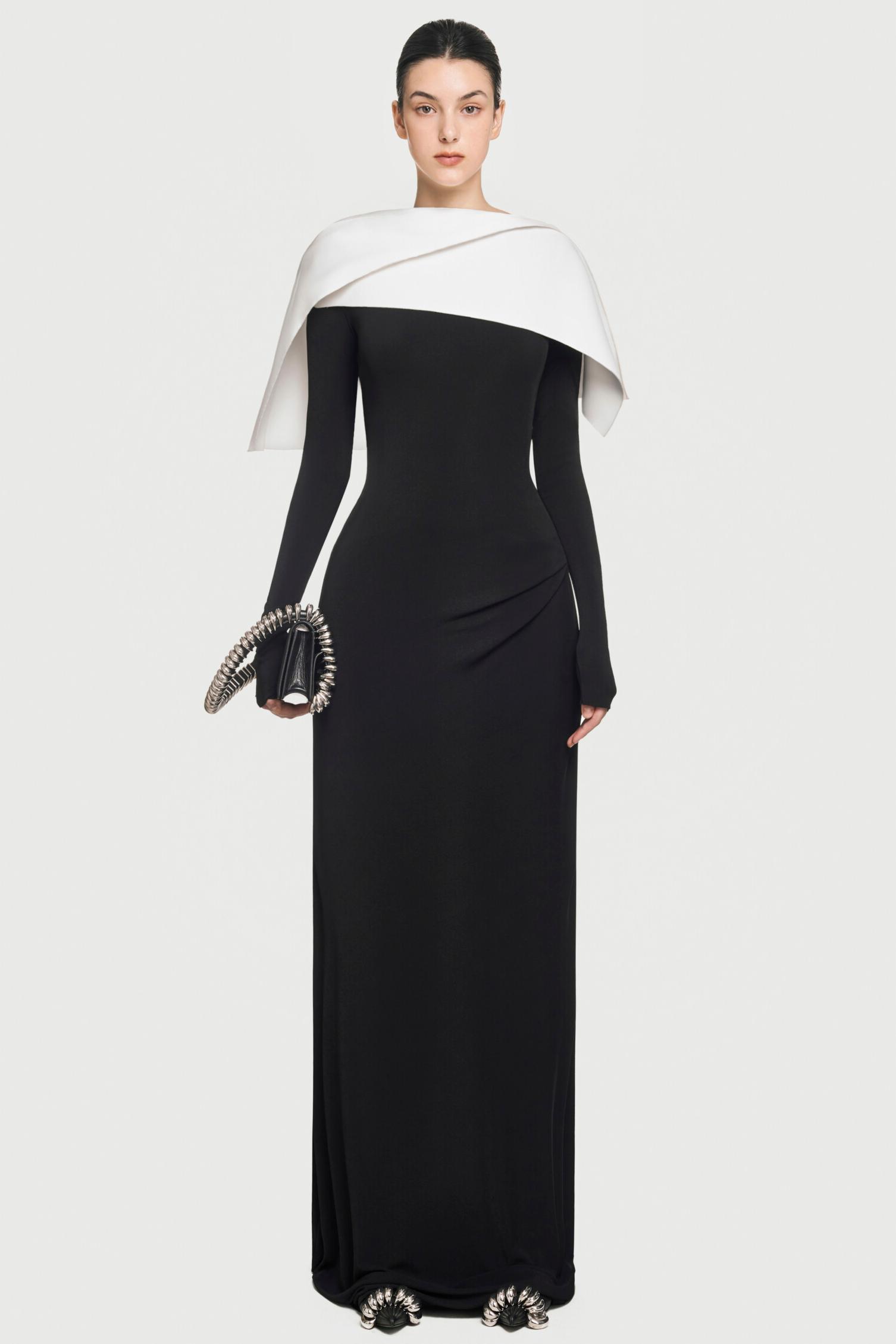 Joya Jersey Contrast Color Long Sleeve Midi Dress With Cape