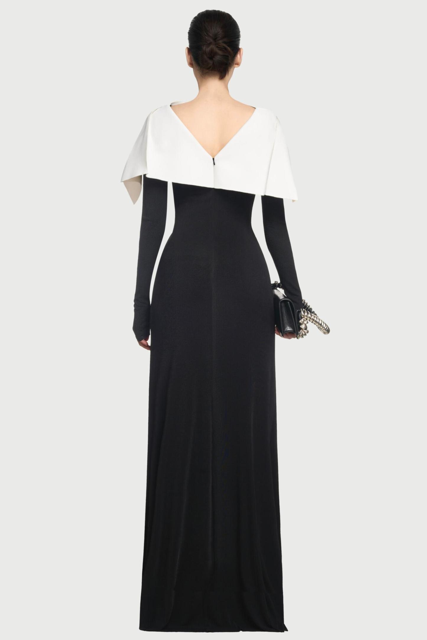 Joya Jersey Contrast Color Long Sleeve Midi Dress With Cape