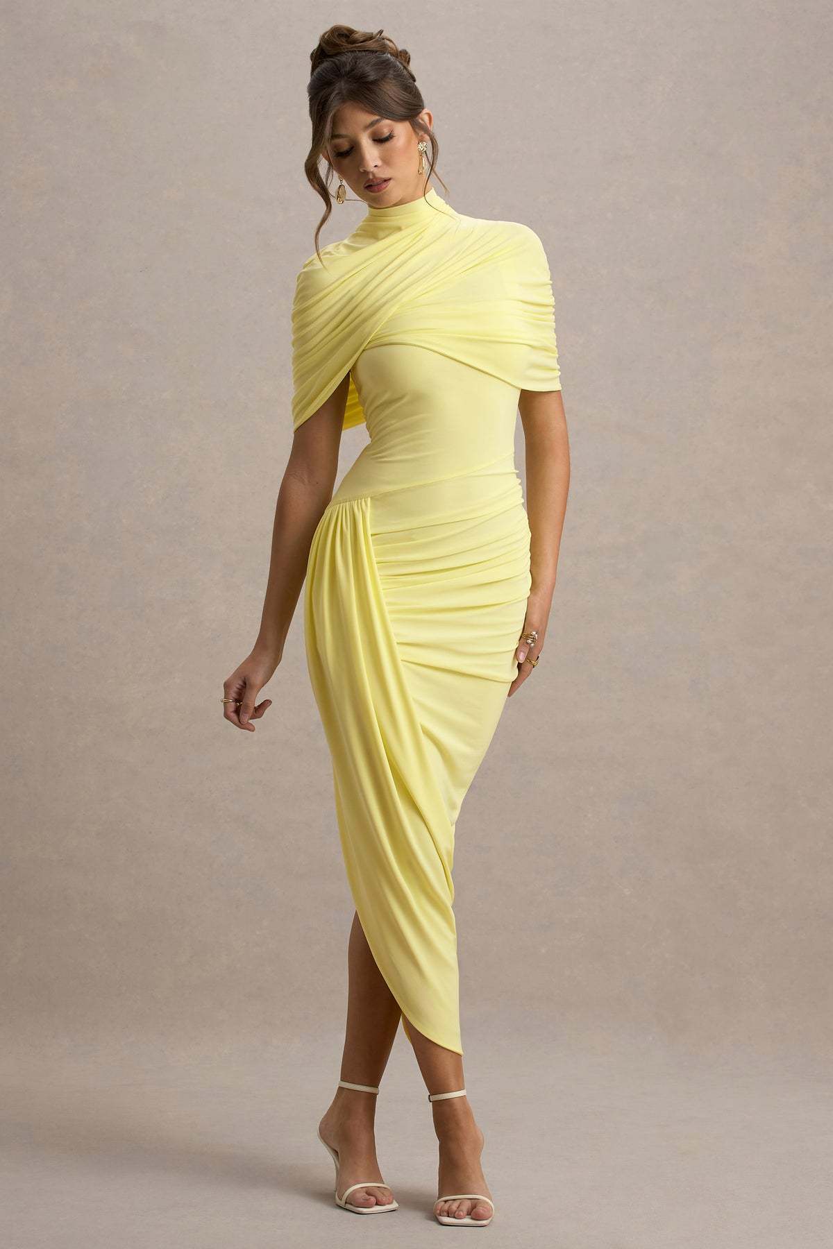 Gemma Yellow Asymmetric Twisted Cape Midi Dress