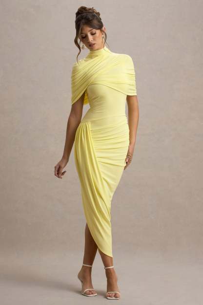 Gemma Yellow Asymmetric Twisted Cape Midi Dress