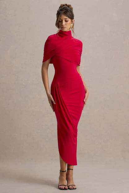 Gemma Red Asymmetric Twisted Cape Midi Dress