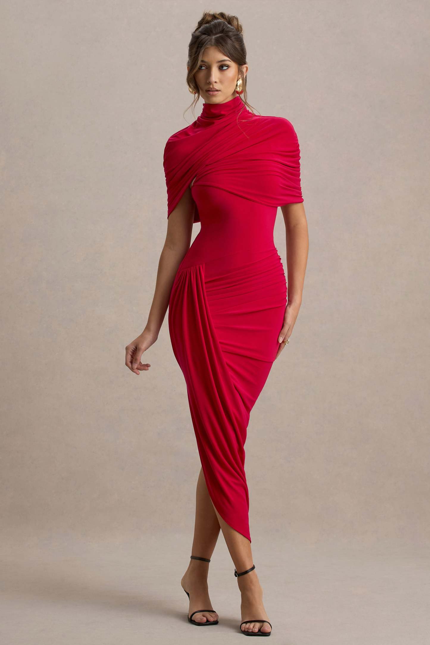 Gemma Red Asymmetric Twisted Cape Midi Dress